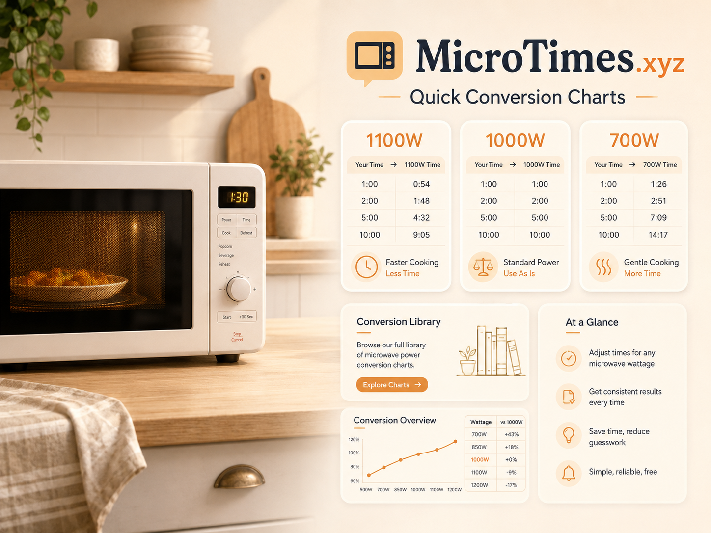 MicroTimes.xyz microwave wattage conversion reference graphic for 1100 watt to 700 watt time conversion.